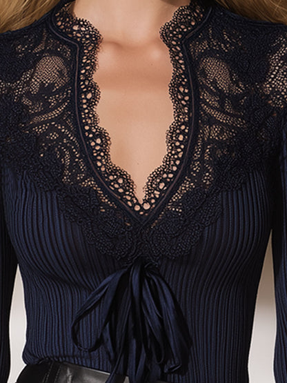 Stylish And Sexy Lace-Trimmed Dark Blue Sweater