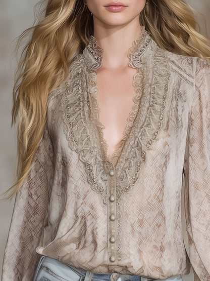 Retro Resort Snake Print Champagne Chiffon Long-Sleeve Shirt