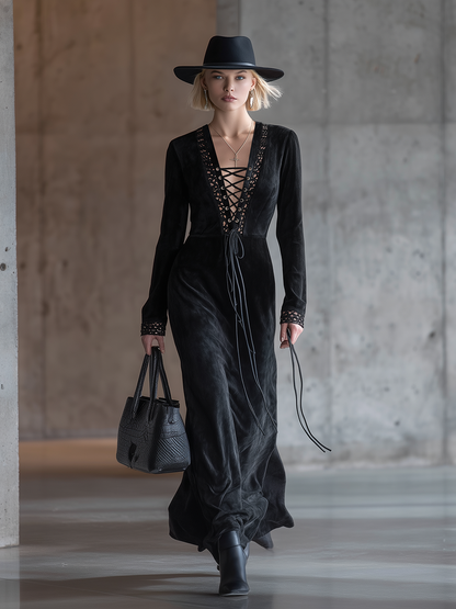 Chic Western-style Lace-up Black Faux Suede Maxi Dress