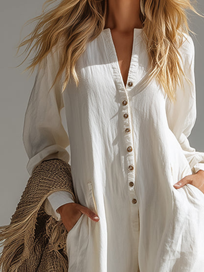 Elegant And Casual White Cotton And Linen Jumpsuit