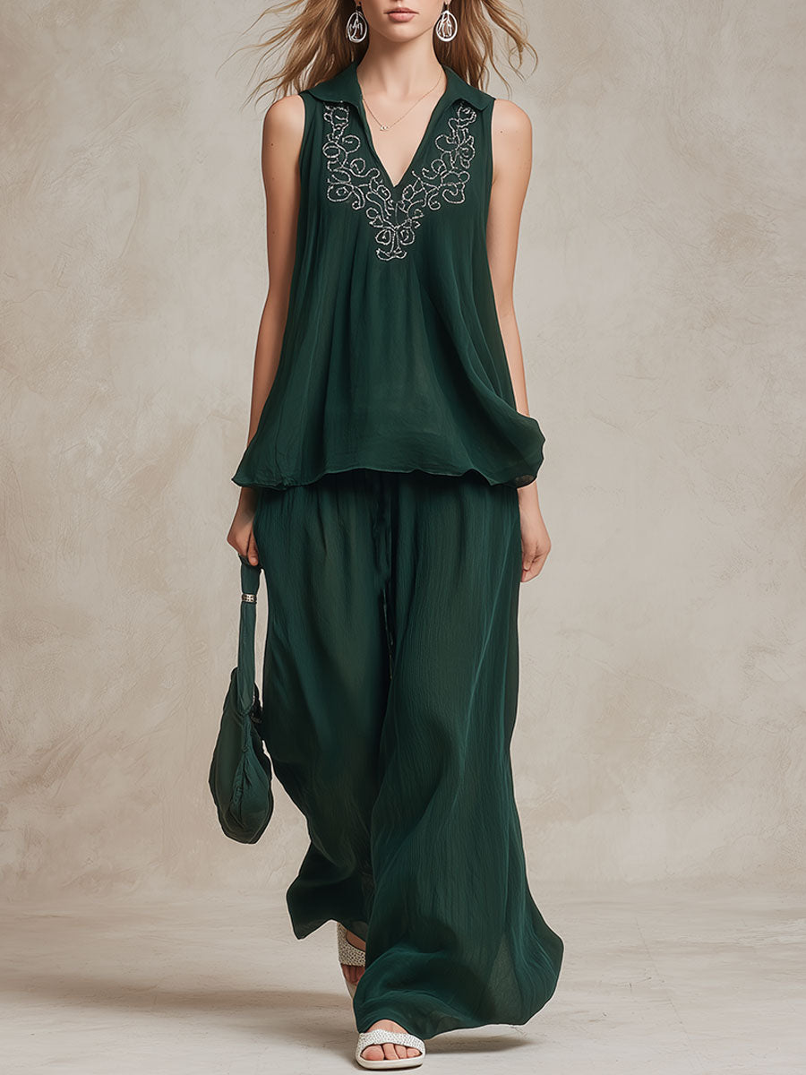 Fashionable And Casual Retro Embroidered Green Sleeveless Chiffon Top And Pants Set