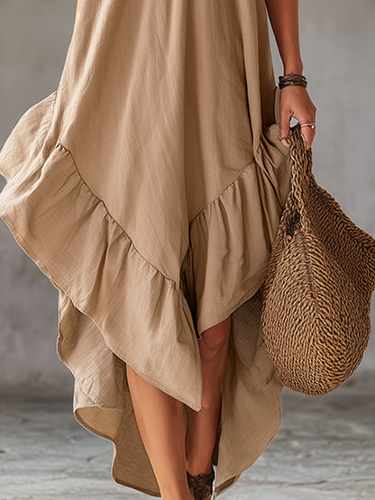 Casual Urban Style V-neck Ruffled Khaki Cotton And Linen Sleeveless Maxi Dress