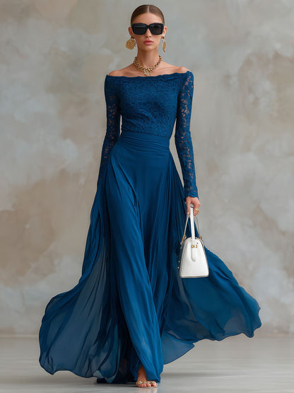 Fashionable Retro Long-sleeved Indigo Blue Lace Chiffon Maxi Dress