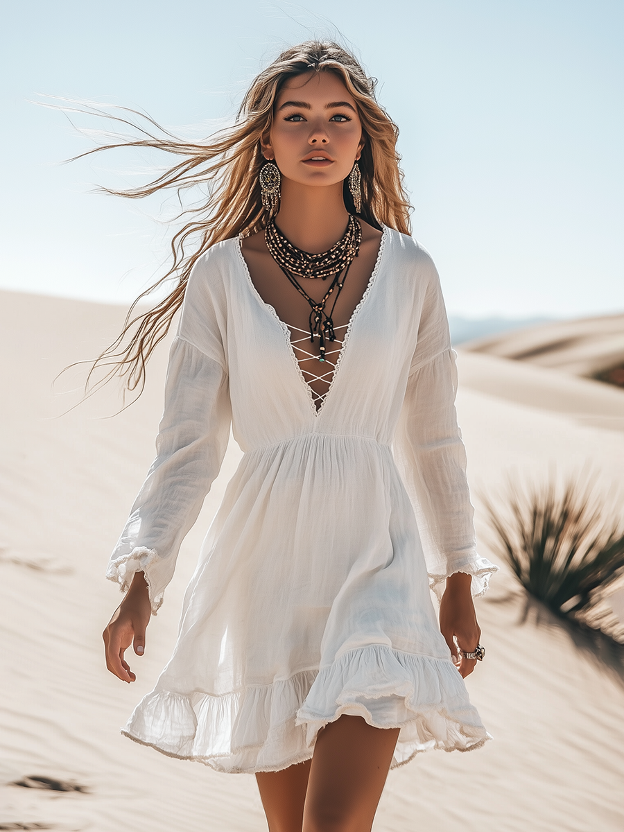 Boho V Neck Cotton And Linen Long Sleeve Mini Dress