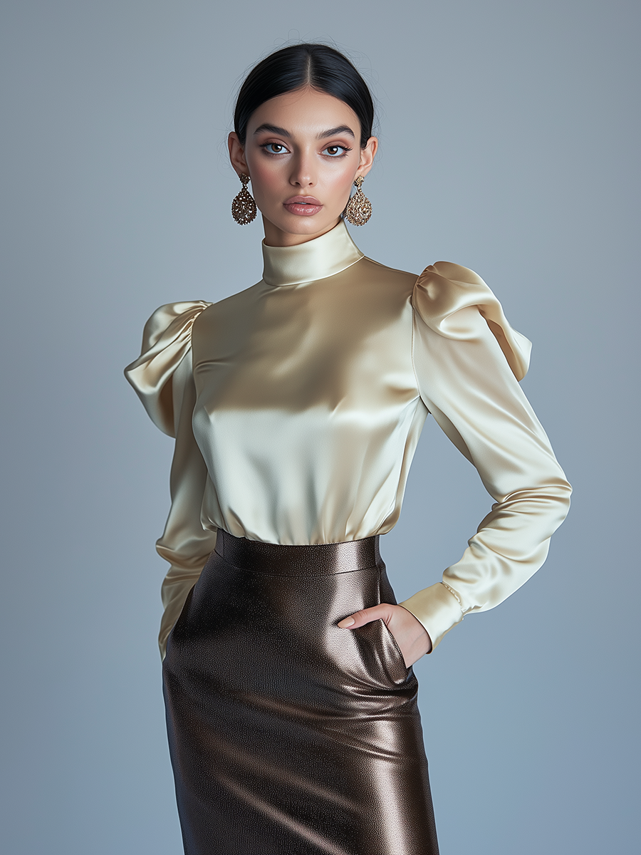 Elegant Satin Stand Collar Long Sleeve Shirt