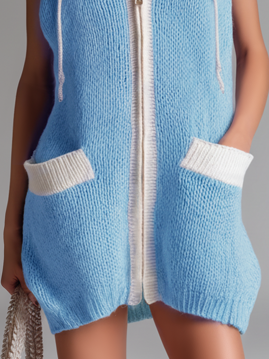 Casual And Comfortable Hooded Zip-up Knitted Mini Dress