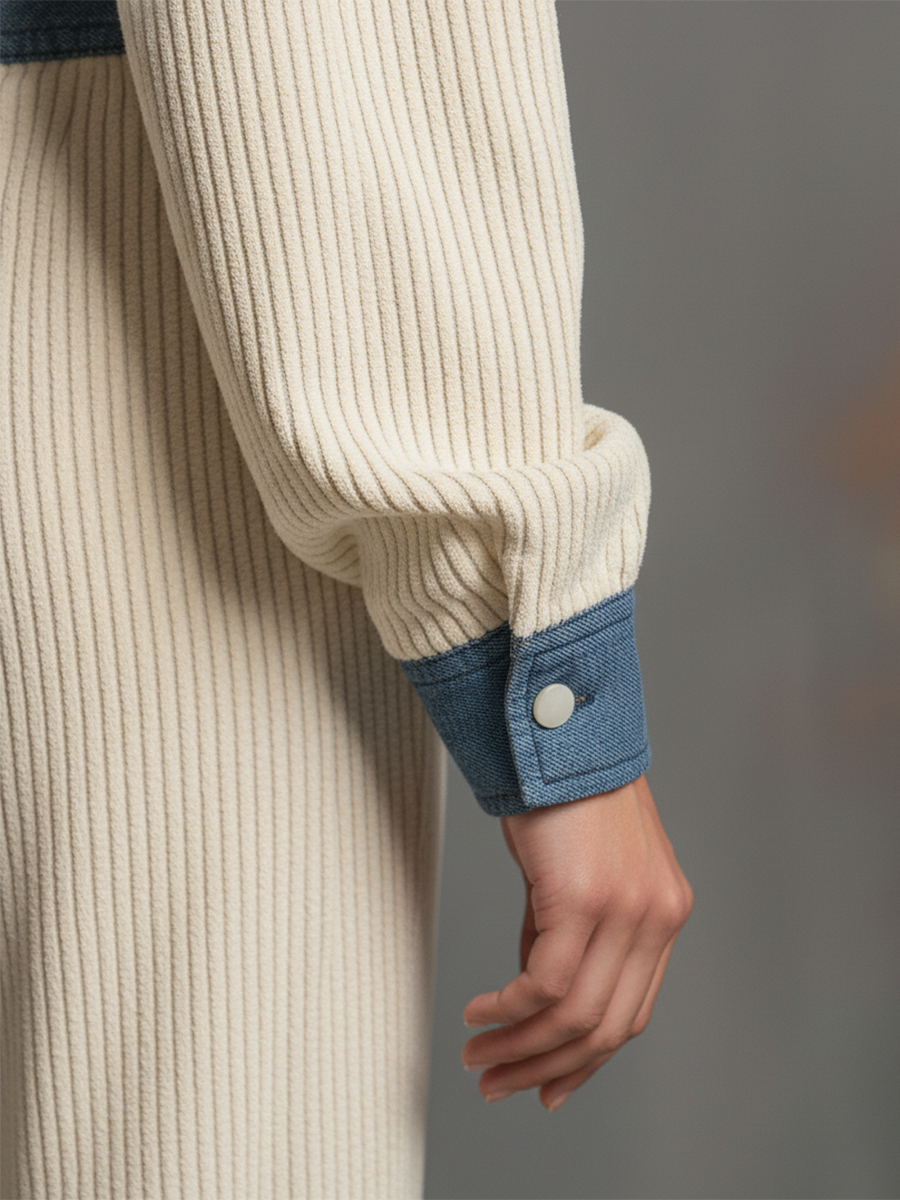 Retro Denim Patchwork Corduroy Shirt And Wide-leg Pants Set