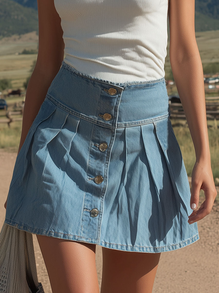 Western-style Button-down Pleated Denim Mini Skirt