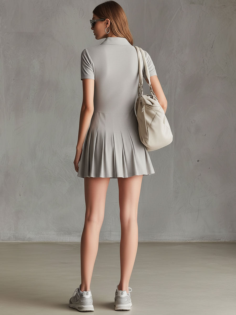 Sporty Retro Light Gray Striped Embroidered Short-sleeved Pleated Mini Dress