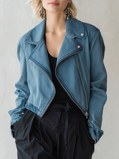 Casual And Stylish Collared Zip-up Blue Denim Jacket