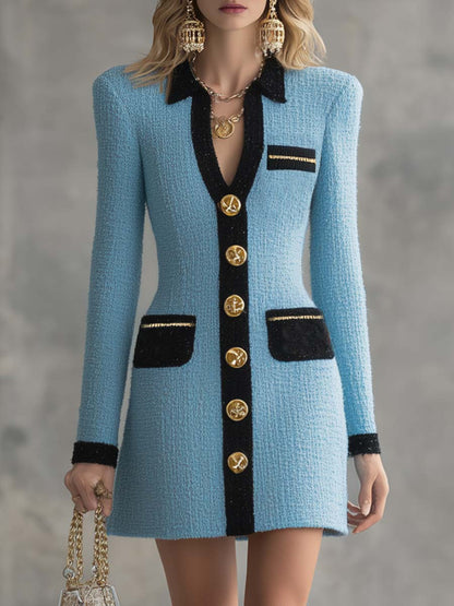 Vintage Classic V-neck Front Metal Button Black Trim Sky Blue Tweed Mini Dress
