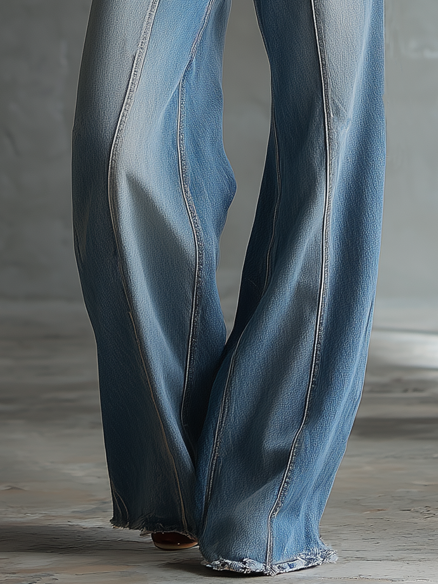 Retro-style Wide-leg Floor-length Frayed Denim Trousers