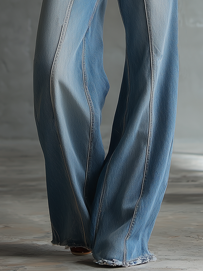 Retro-style Wide-leg Floor-length Frayed Denim Trousers