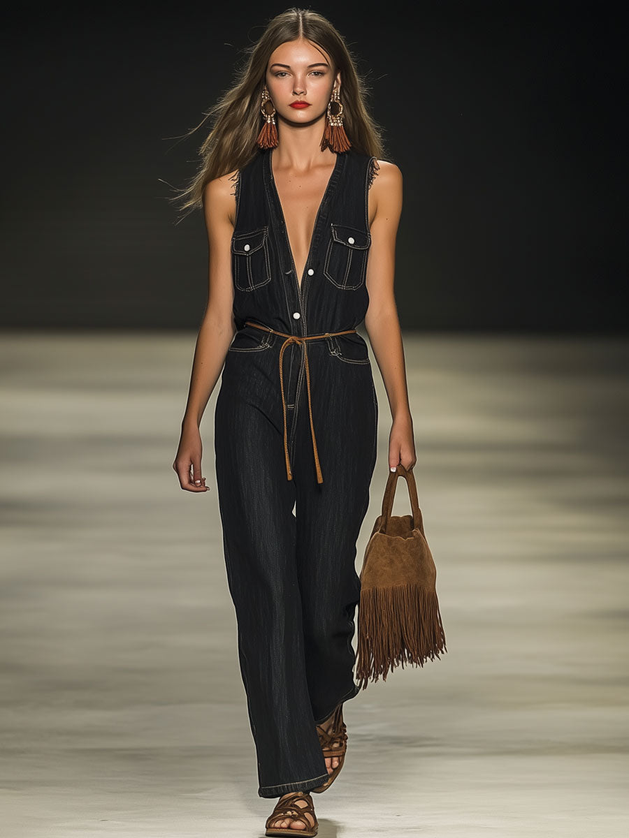 Casual Loose Retro V-neck Sleeveless Black Denim Jumpsuit