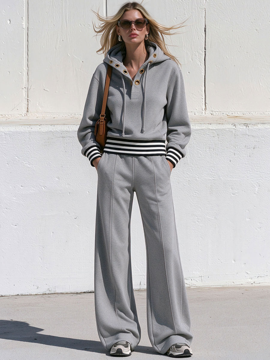 Retro Sporty Grey Cotton Eyelet Hoodie And Pants Set