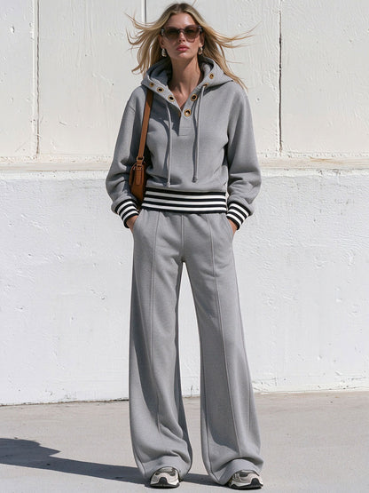 Retro Sporty Grey Cotton Eyelet Hoodie And Pants Set