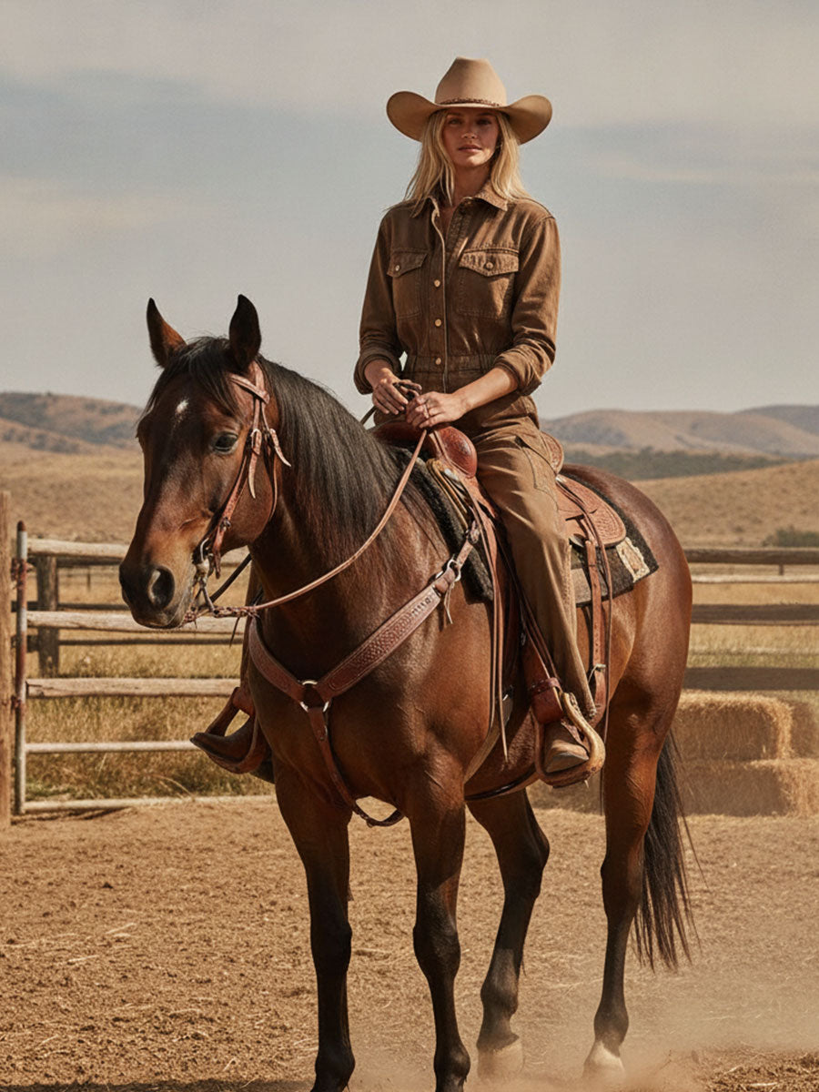 Stylish Retro Brown Collared Long-Sleeved Single-Breasted Denim Jumpsuit