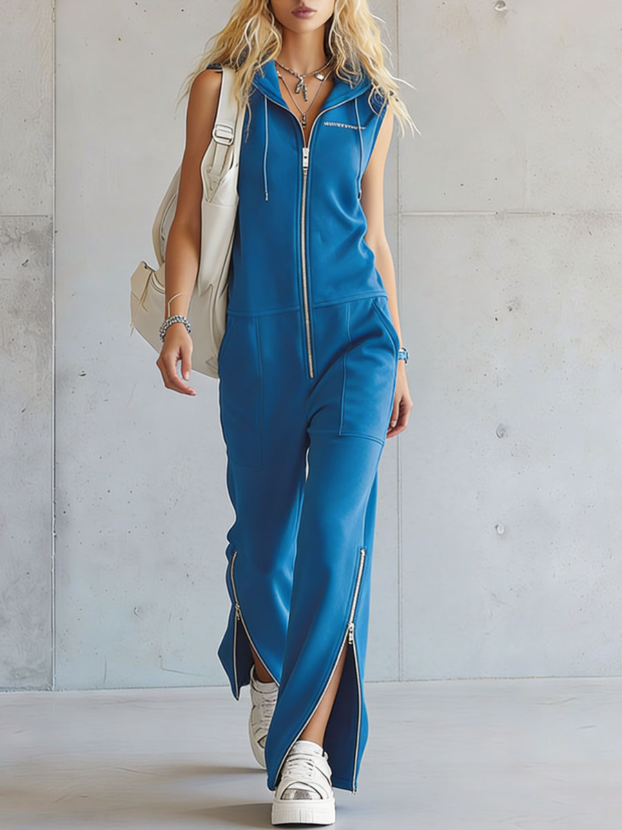 Retro Sporty Embroidered Zippered Blue Cotton Sleeveless Hooded Jumpsuit