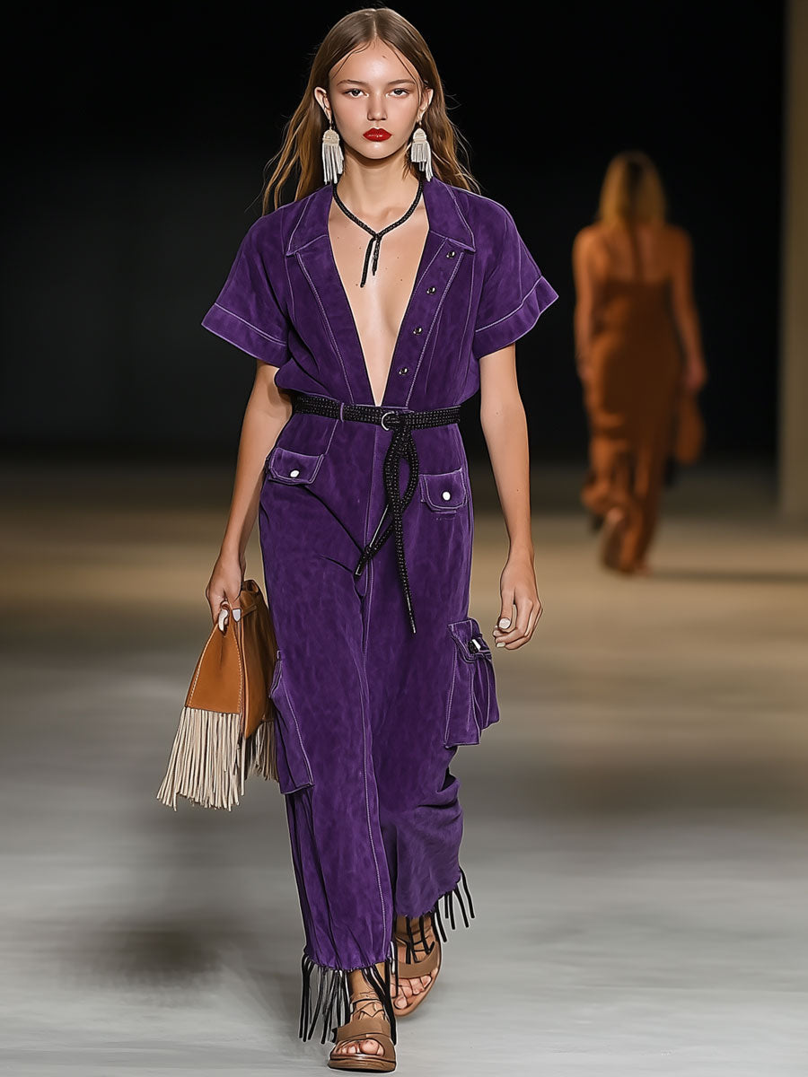 Casual Loose Retro Purple Suede Short Sleeve Tassel Wide Leg Jumpsuit