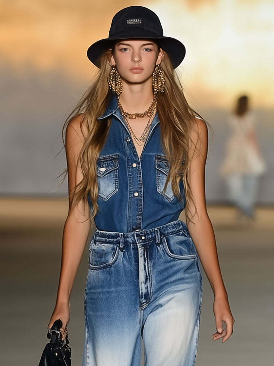 Casual Loose Retro Fashion Gradient Denim Sleeveless Wide Leg Jumpsuit