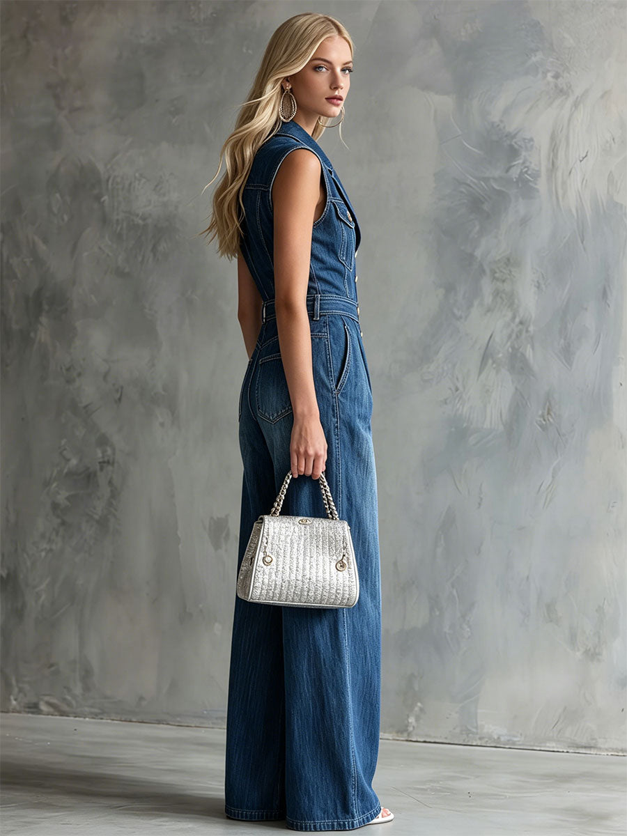 Retro Blue Collared Button Sleeveless Washed Denim Jumpsuit