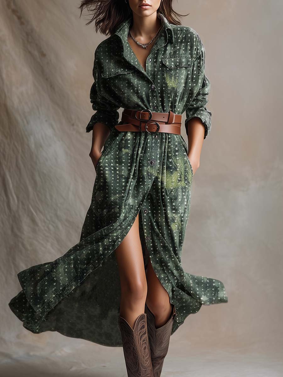 Vintage Western Front Button Lapel Front Button Green Tie-dye Pattern Denim Midi Dress