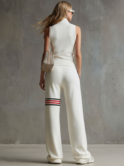 Sporty Retro White Striped Embroidered Sleeveless Vest And Wide-Leg Pants Set