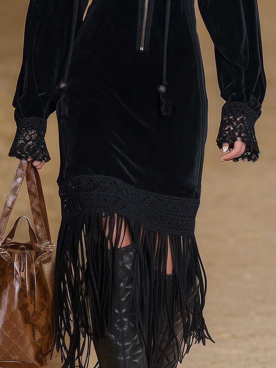Western Black Faux Suede Patchwork Lace Tassel Zipper Midi Dress