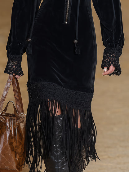 Western Black Faux Suede Patchwork Lace Tassel Zipper Midi Dress