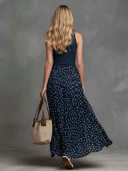 Casual Retro Style Blue V-neck Vest And Polka Dot Chiffon Skirt Set