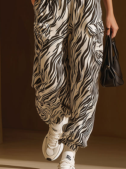 Fashionable Retro Casual Black And White Zebra Print Hooded Sleeveless Zip-up Velvet Jumpsuit