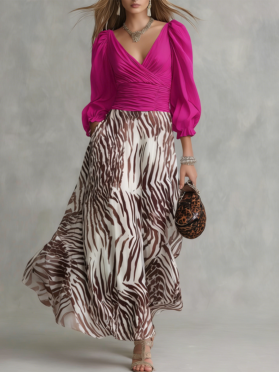 Fashionable Retro V-neck Long-sleeved Printed Chiffon Maxi Dress