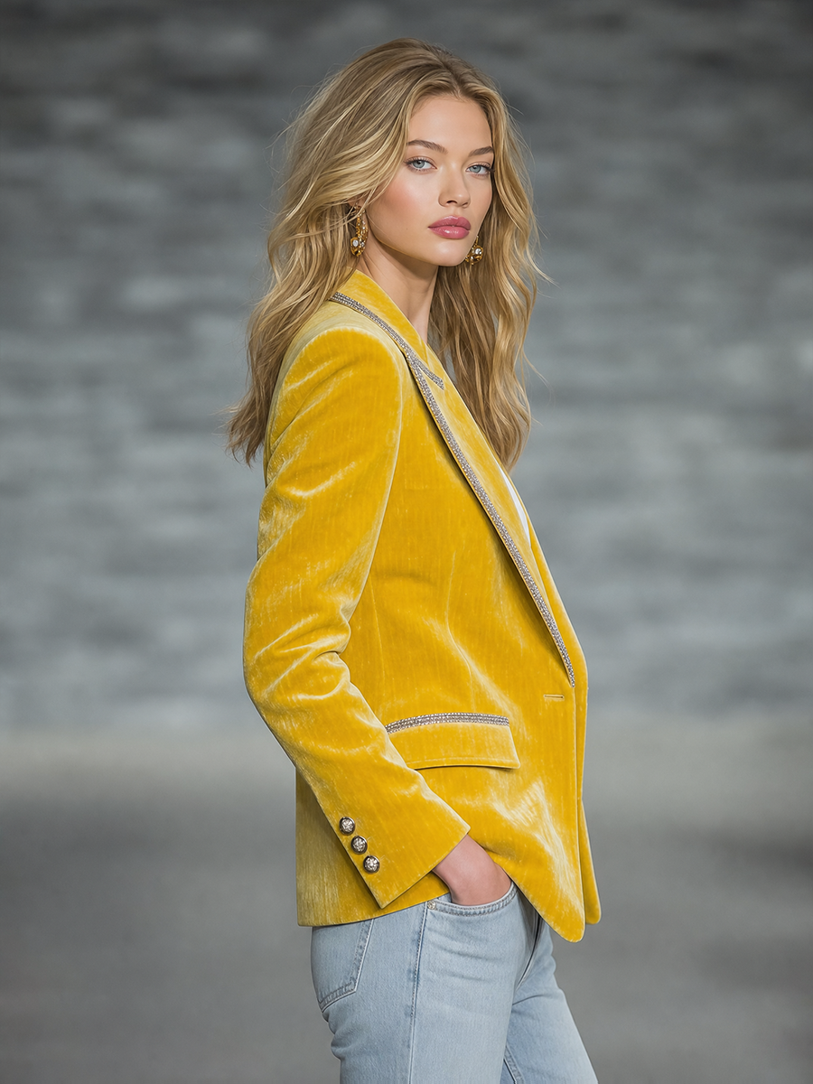 Vintage Silver-trimmed Multi-pocket Velvet Blazer