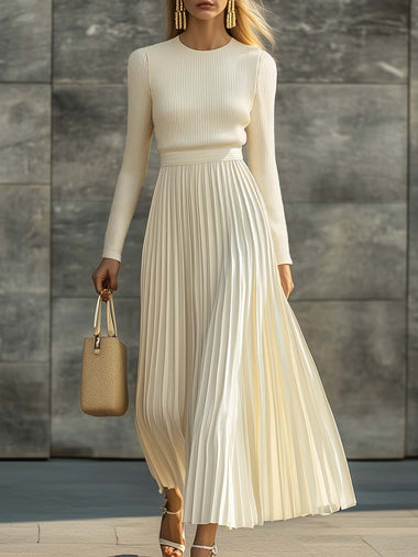Elegant Casual And Comfortable Long-sleeved Cream Knitted Satin Pleated Hem Maxi Dress