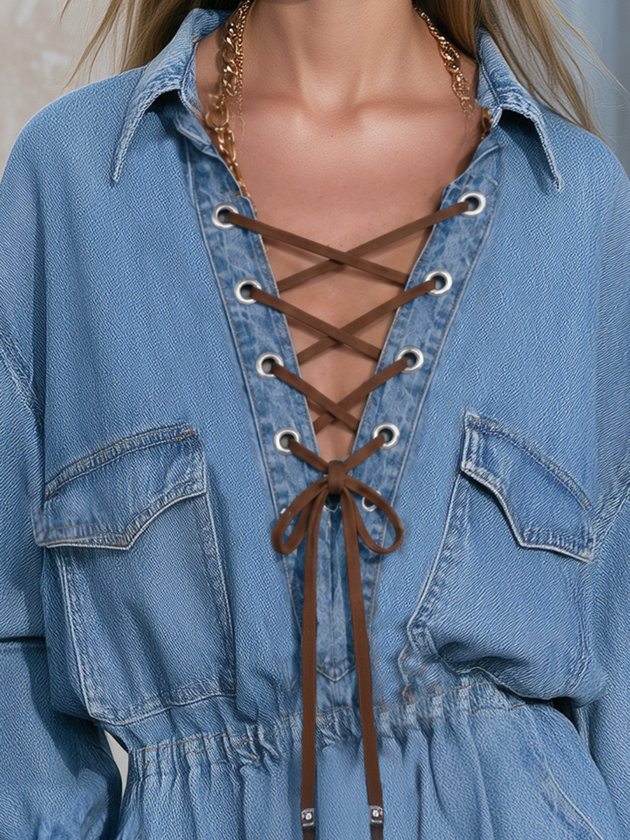 Women’s Lace-Up Denim Mini Dress With Balloon Sleeves