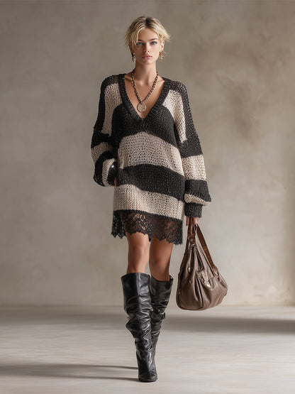 Chic Urban Lace-trimmed Black Striped V-neck Knit Mini Dress