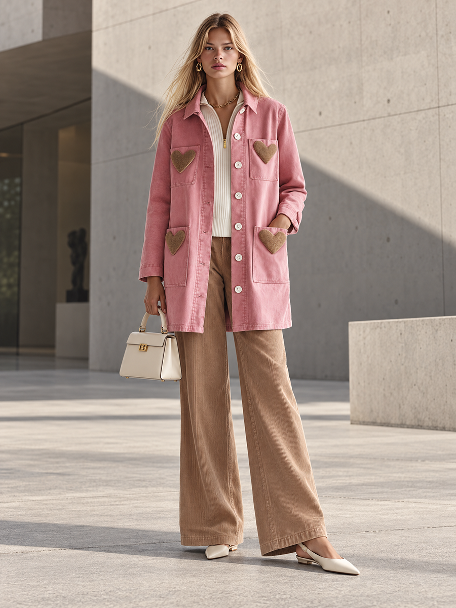 Women’s Pink Heart Patch Utility Chore Coat With Four Pockets
