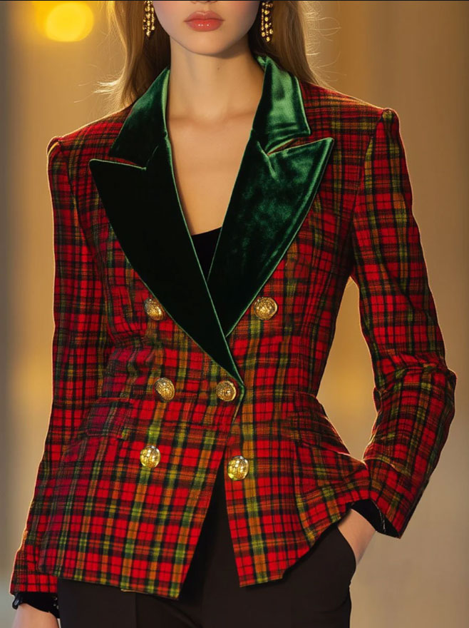 Casual Retro Woolen Red And Green Plaid Velvet Lapel Double-Breasted Blazer