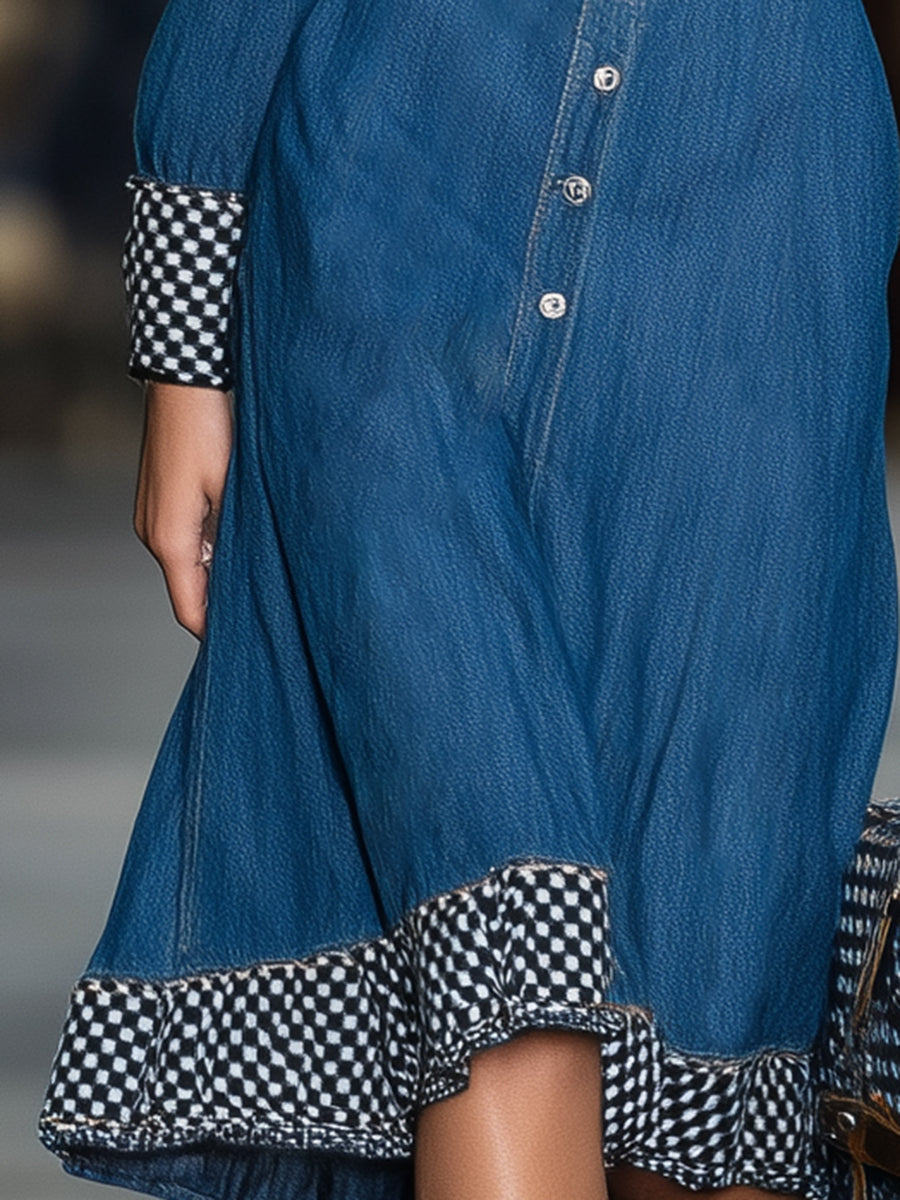 Western Blue Denim Patchwork Black And White Checkered Button Midi Dress