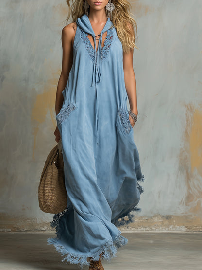 Elegant And Sporty Tassel Trim Light Blue Hooded Cotton Maxi Dress