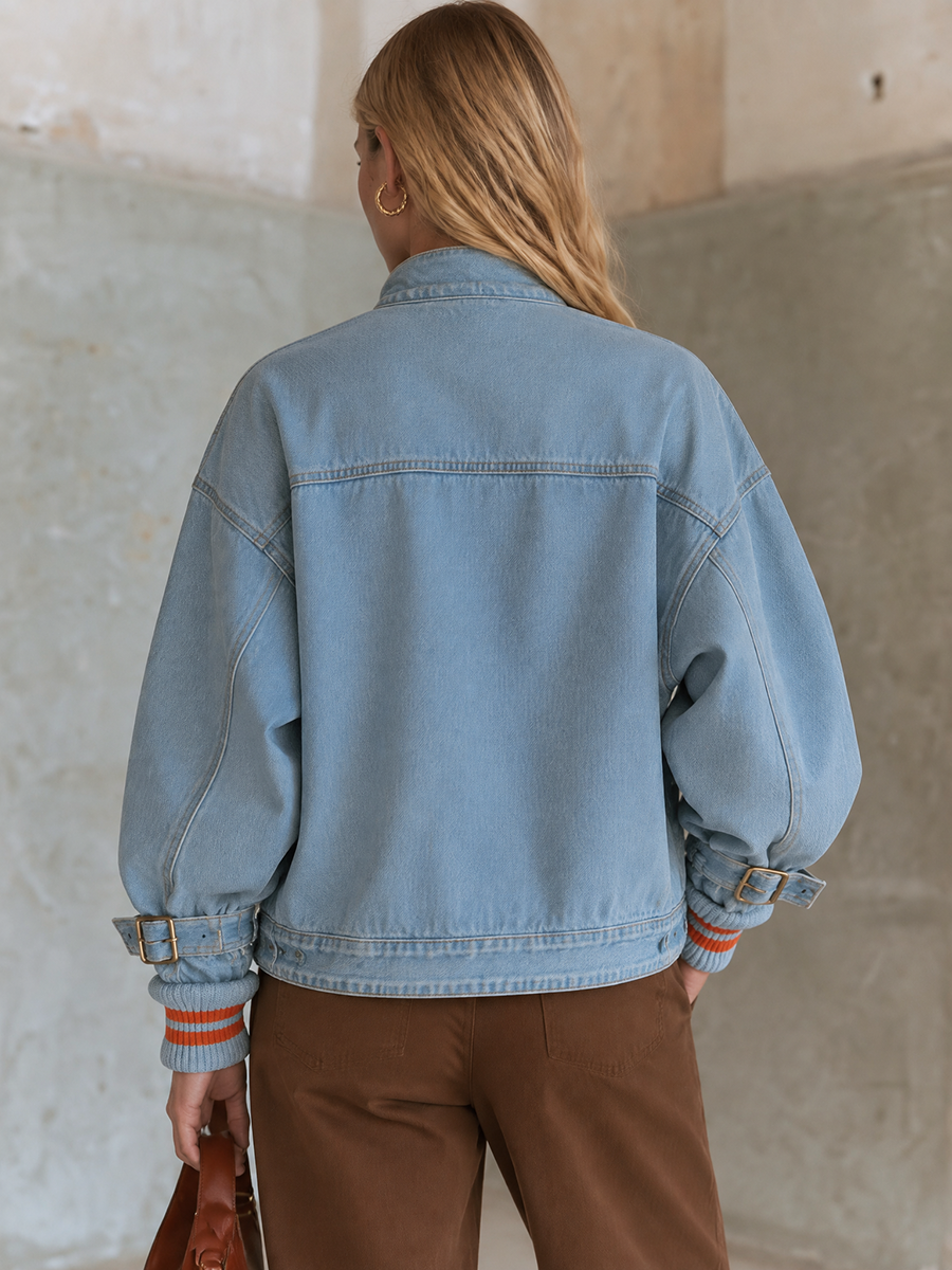 Oversized Denim Jacket For Women With Gold Buttons And Striped Ribbed Cuffs