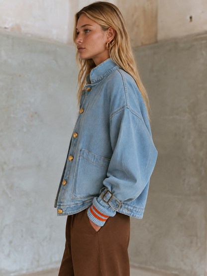 Oversized Denim Jacket For Women With Gold Buttons And Striped Ribbed Cuffs