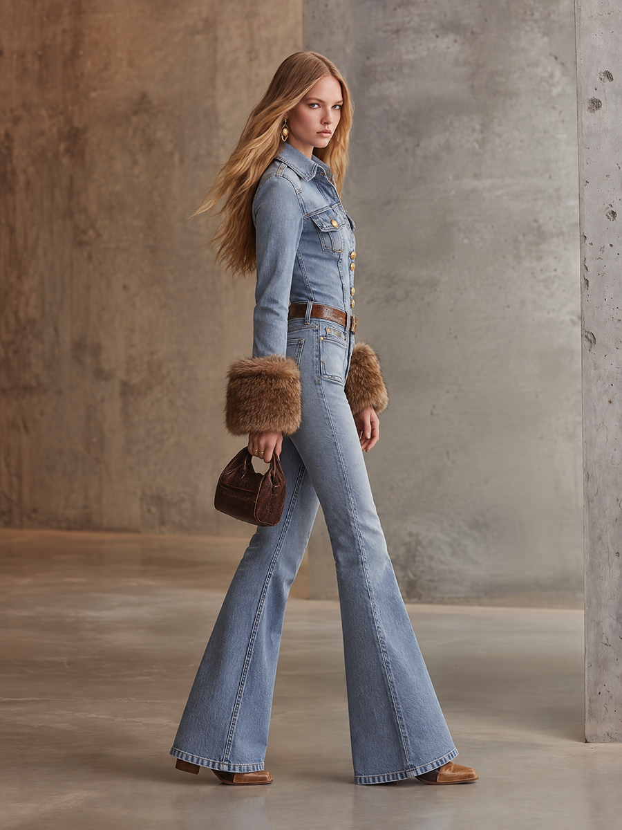 Women’s Denim Jumpsuit With Wide Leg, Gold Buttons And Flared Jeans