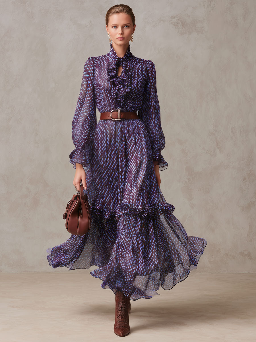 Fashionable Retro Geometric Purple Chiffon Long-sleeved Ruffle Maxi Dress