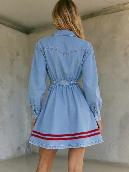 Women’s Denim Shirt Dress With Red Stripe Hem, Button Front And Pockets