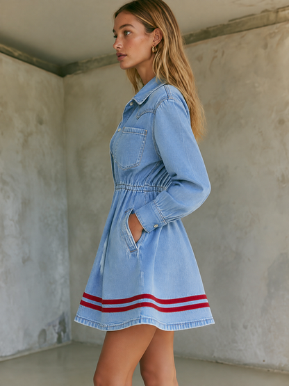 Women’s Denim Shirt Dress With Red Stripe Hem, Button Front And Pockets