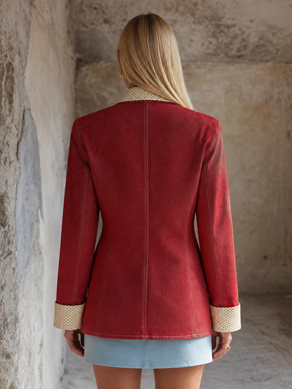 Red Polka Dot Trim Blazer For Women With Contrast Lapels And Cuffs