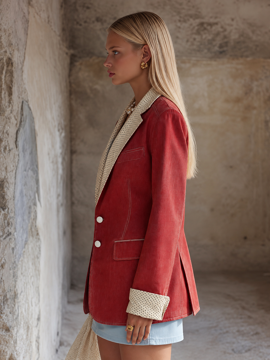 Red Polka Dot Trim Blazer For Women With Contrast Lapels And Cuffs