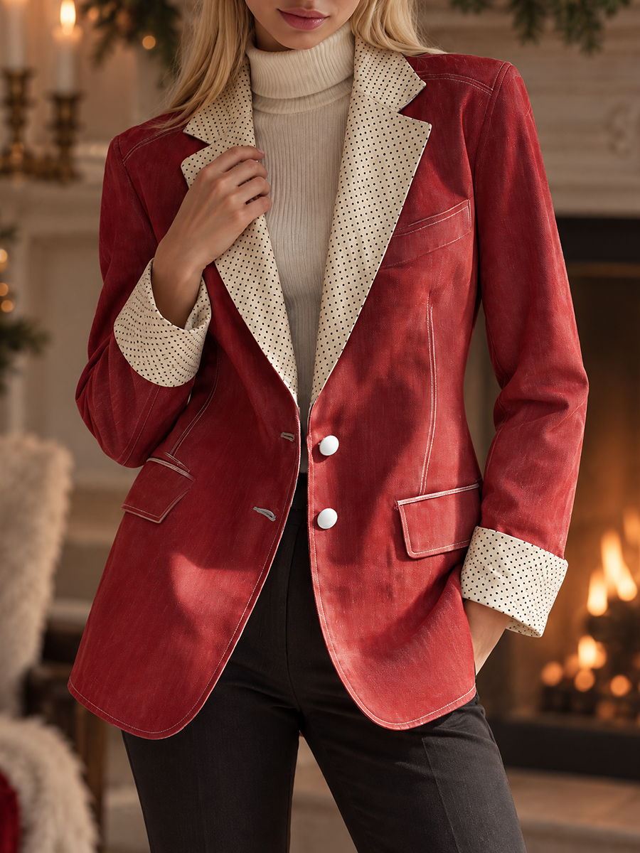 Red Polka Dot Trim Blazer For Women With Contrast Lapels And Cuffs