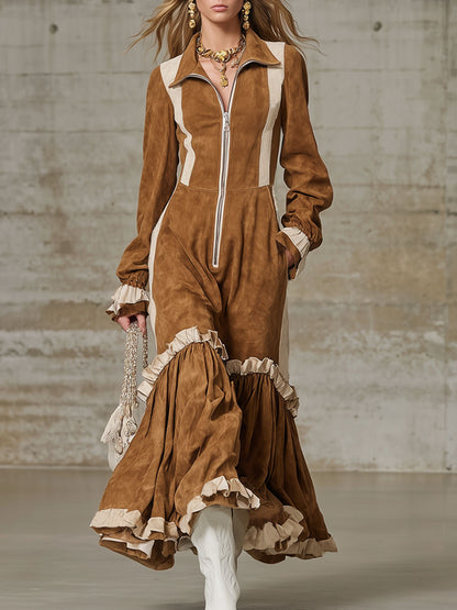 Western-style Lapel Zipper Color-blocked Faux Suede Maxi Dress